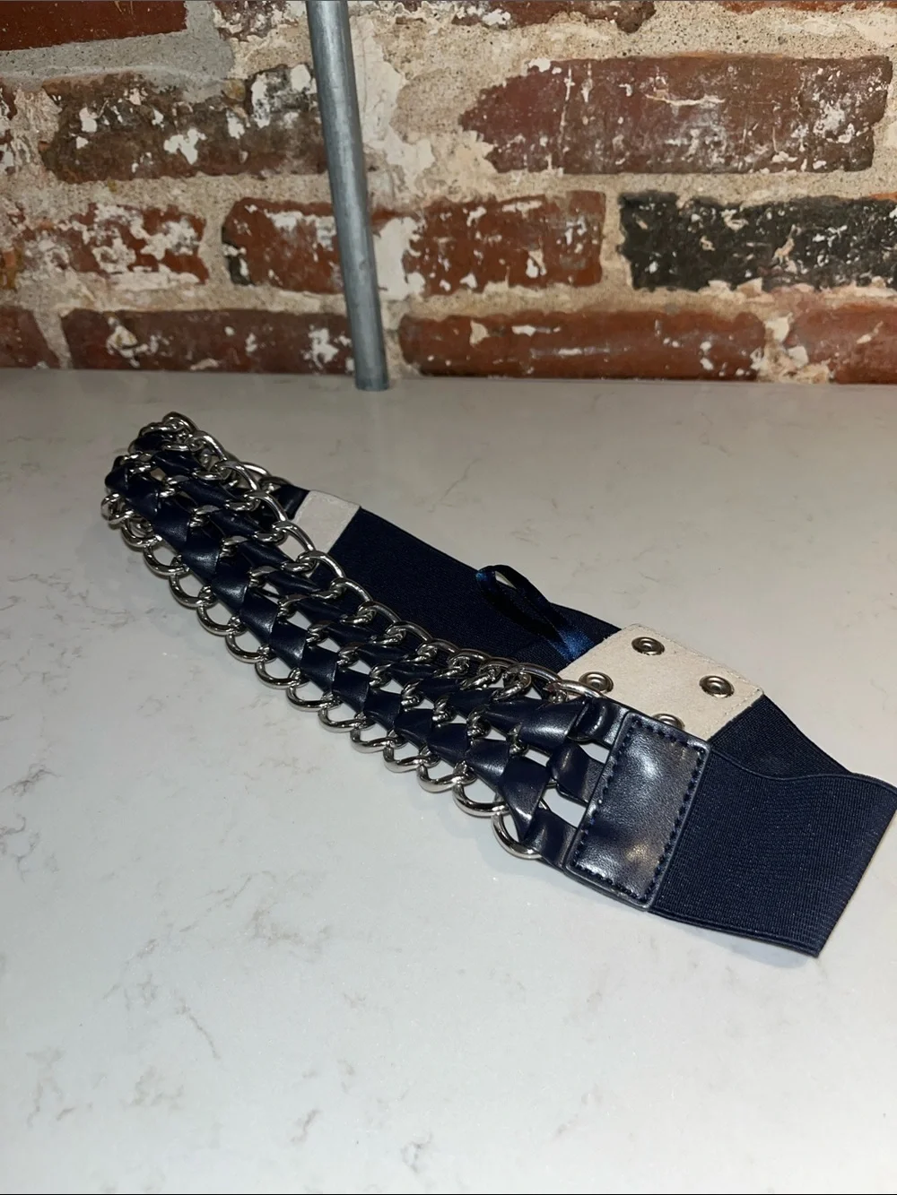 Women’s Navy Elastic Chain-Accent Belt